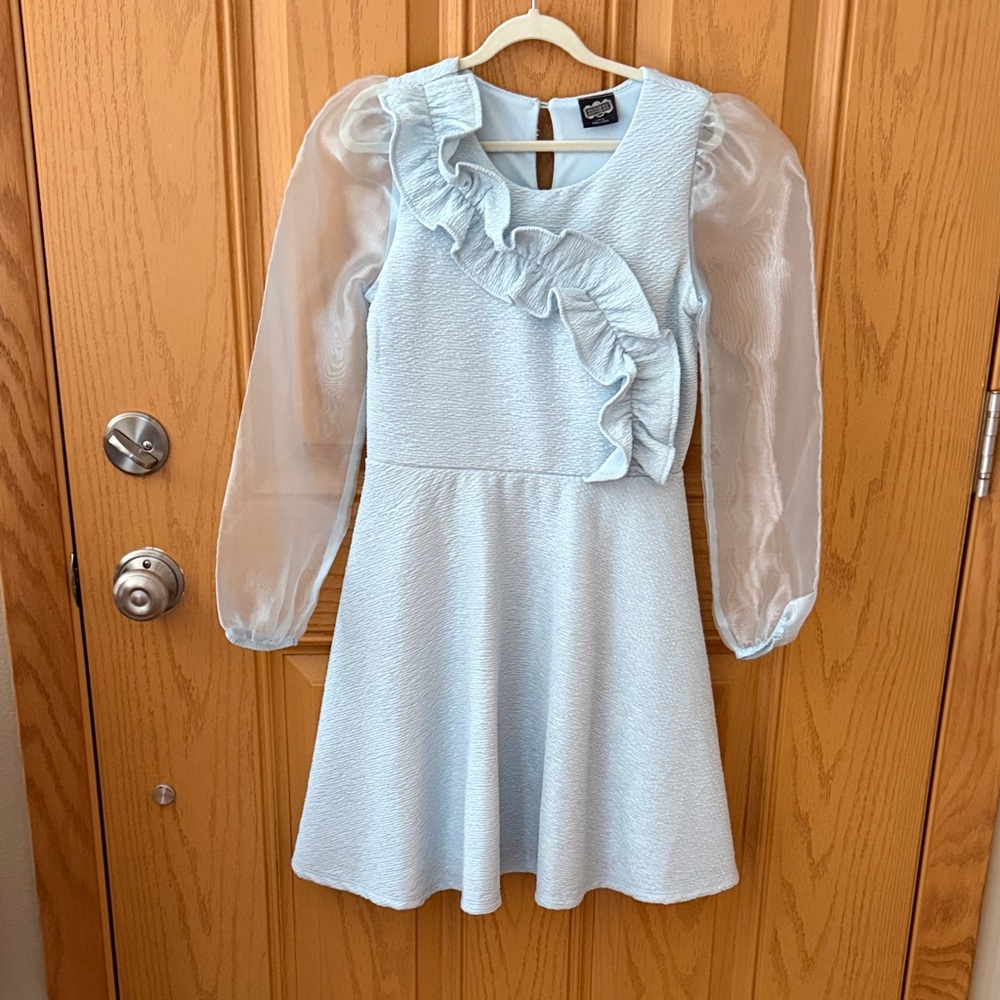 Beetlejuice Beetlejuice Light Blue Girls Ruffle Front Dress  Sheer Sleeves 10/12